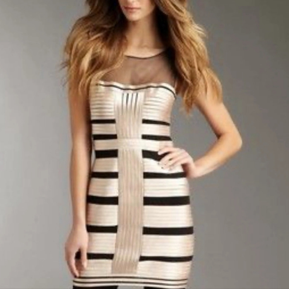 BCBGMaxAzria  Women's Champagne Gold Black Sleepless Cocktail Mini Dress Size 02